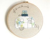 Embroidered Hoop Art - Airstream Bambi Textile Artwork in blue and green - Large 10" hoop