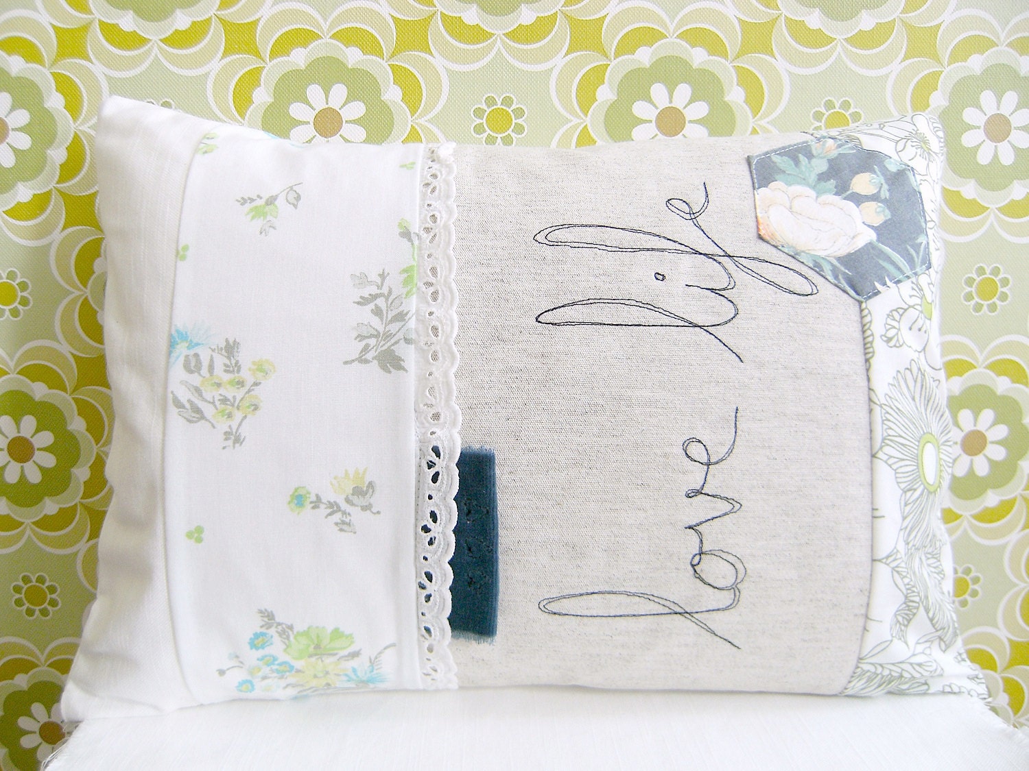 Embroidered Pillow Cover - 'Love life' Granny Chic Cushion in green & blue 16 x 12