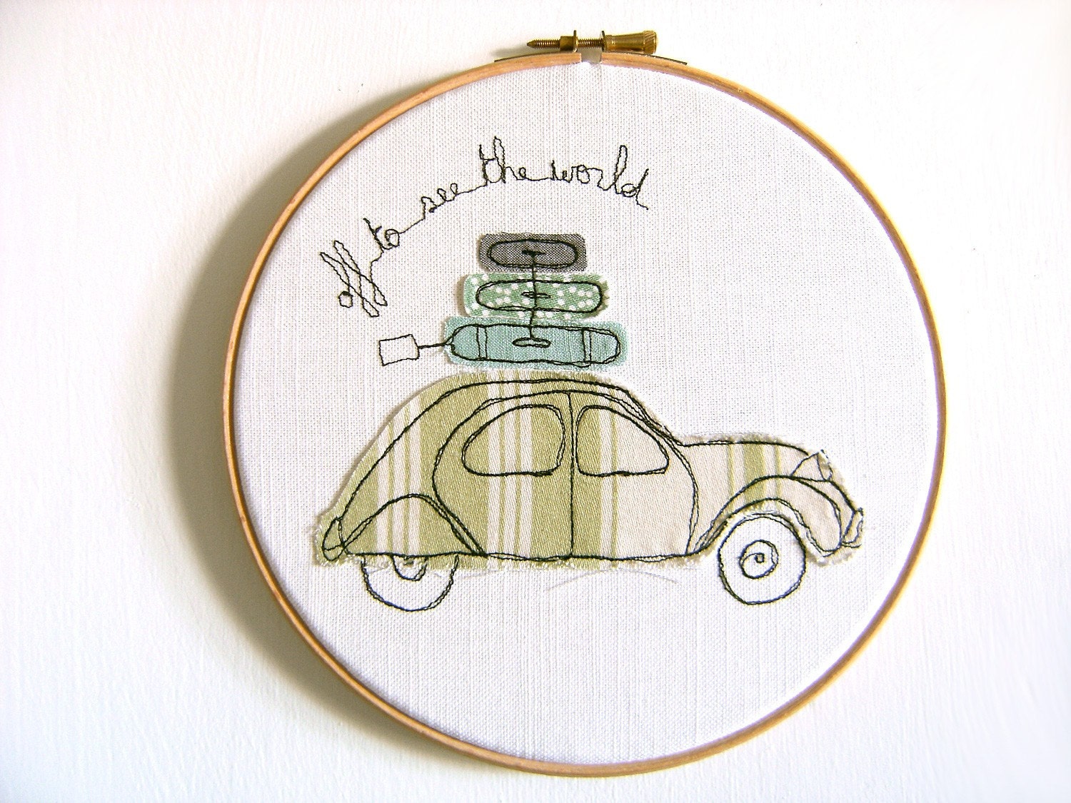 Freehand Embroidery Hoop Art. 'Off to see the world' Textile Artwork by Three Red Apples. French 2CV car in green, blue & white. 8 inches