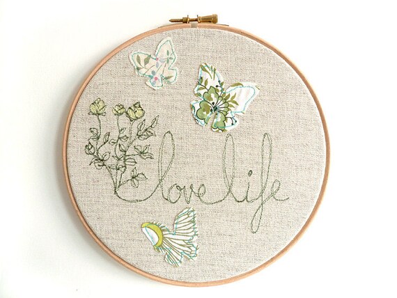 Embroidered Hoop Art - 'Flowers & Butterflies' textile artwork in green-  8" hoop