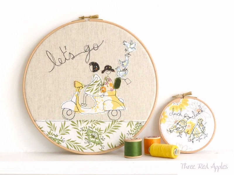 Embroidery Hoop Art - 'Let's go' Textile illustration in yellow & green - large 10" hoop