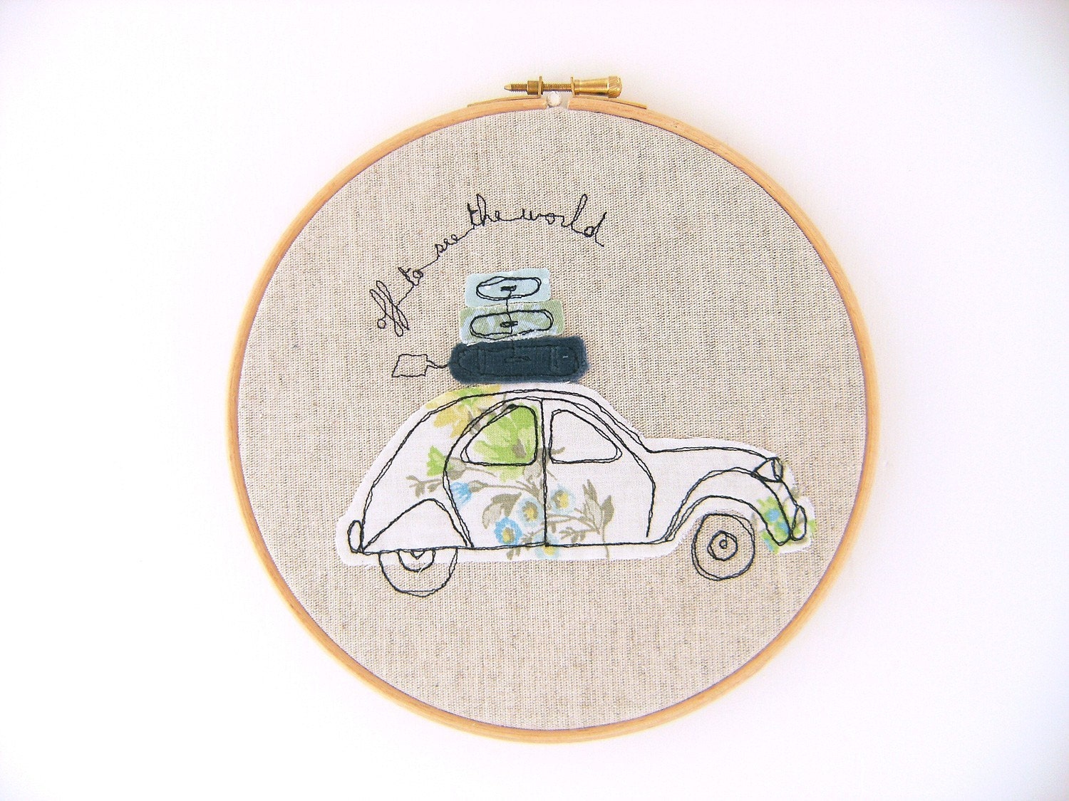 Embroidery Hoop Art - 'Off to see the world' Textile illustration of a French 2CV car in blue & green - 8" hoop