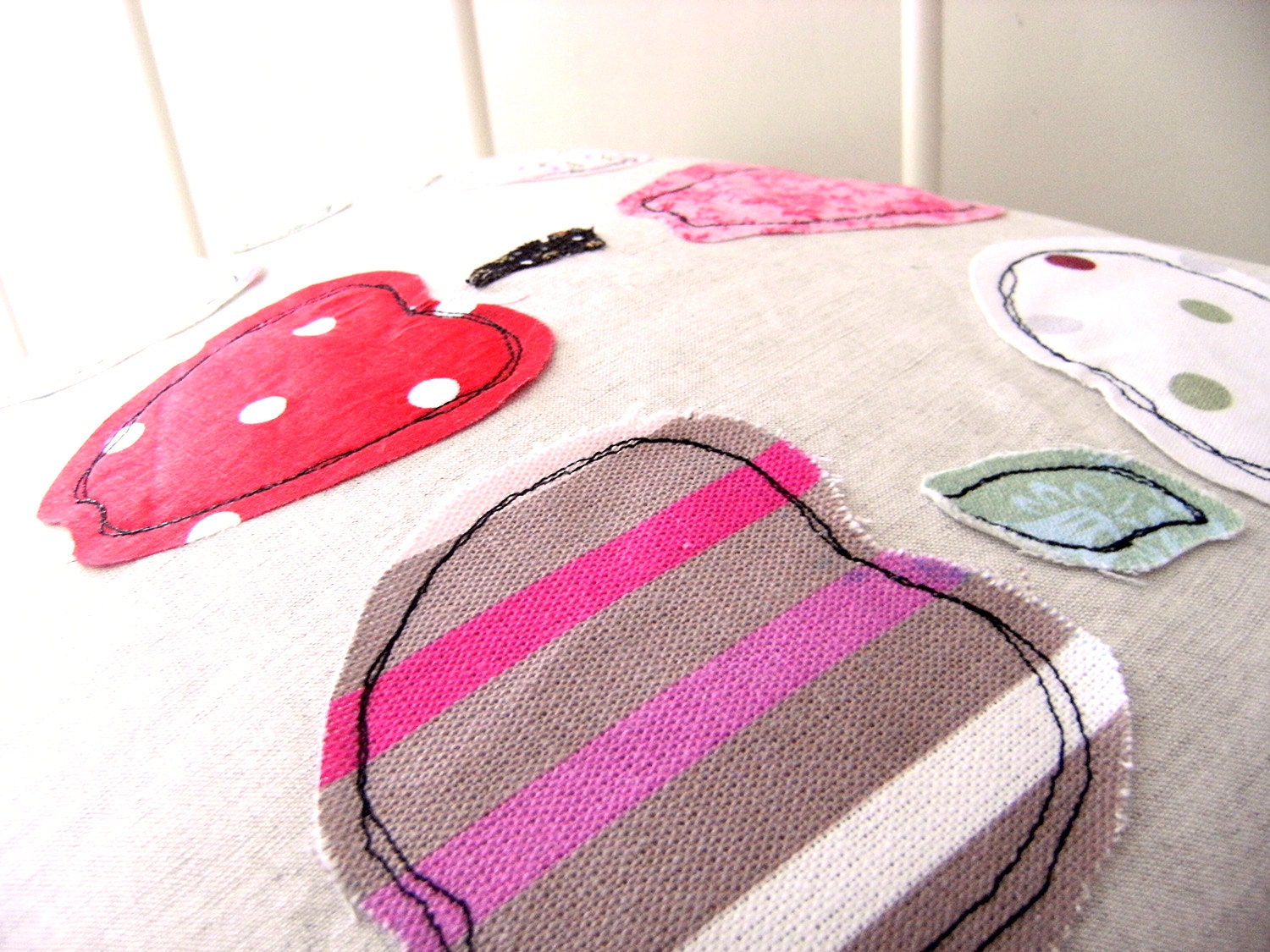 50% OFF SALE - Embroidered Pillow Case - 'Apples' cushion cover in red, pink & linen 16 x16
