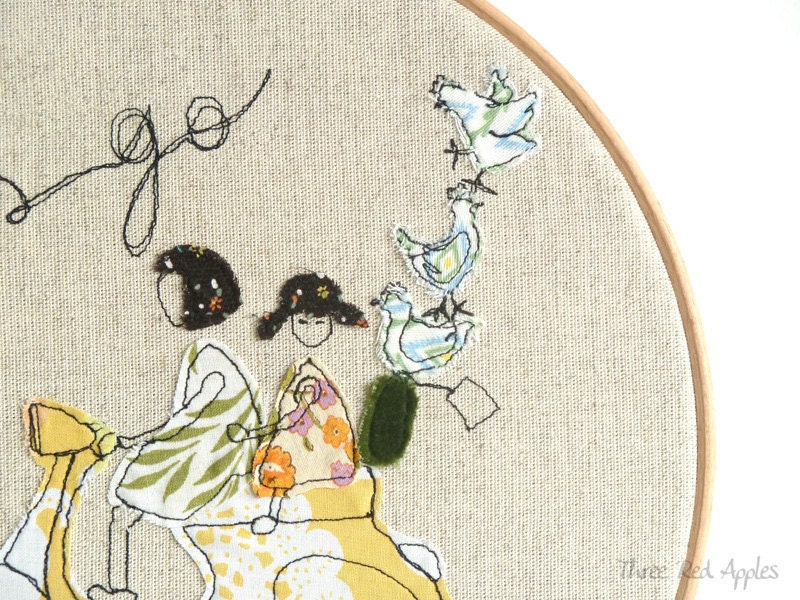 Embroidery Hoop Art - 'Let's go' Textile illustration in yellow & green - large 10" hoop