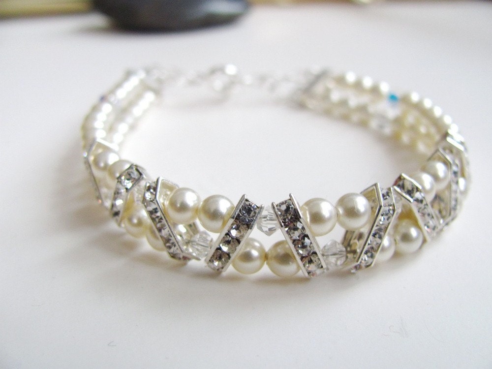 Scarletts Whim - Wedding jewelry- Swarovski Ivory Pearl Bracelet Angled Crystal Bars