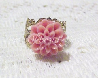 Coral Dahlia Chrysanthemum Filigree Ring