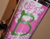 Personalized Embroidered Coffee Mug Travel Beverage Tumbler Stainless Steel HOT PINK DAMASK