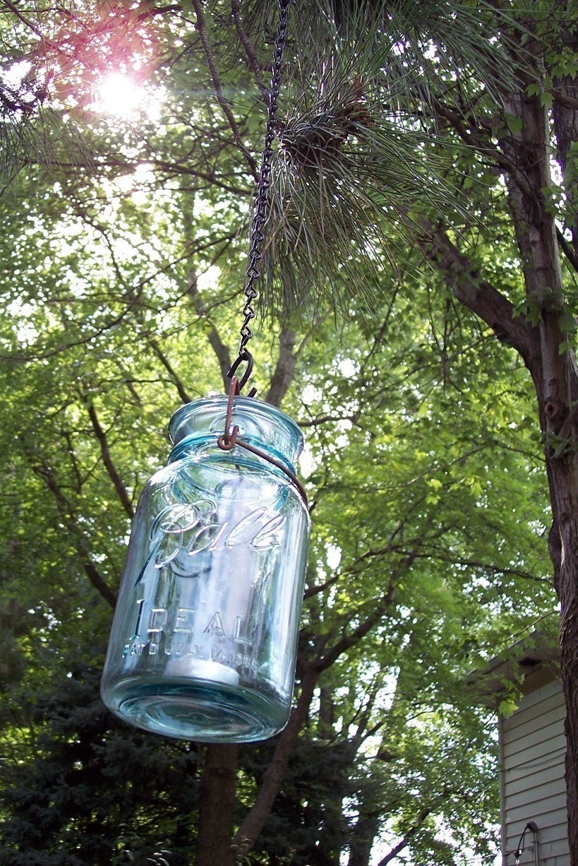Four Vintage Ball Jar Lanterns--hanging Ideal jars with wire bails and chain