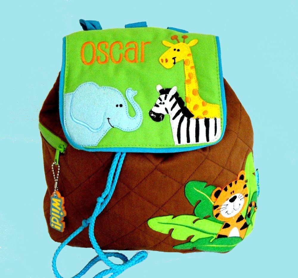 Personalized Stephen Joseph Backpack ZOO Themed Brown and Bright Green
