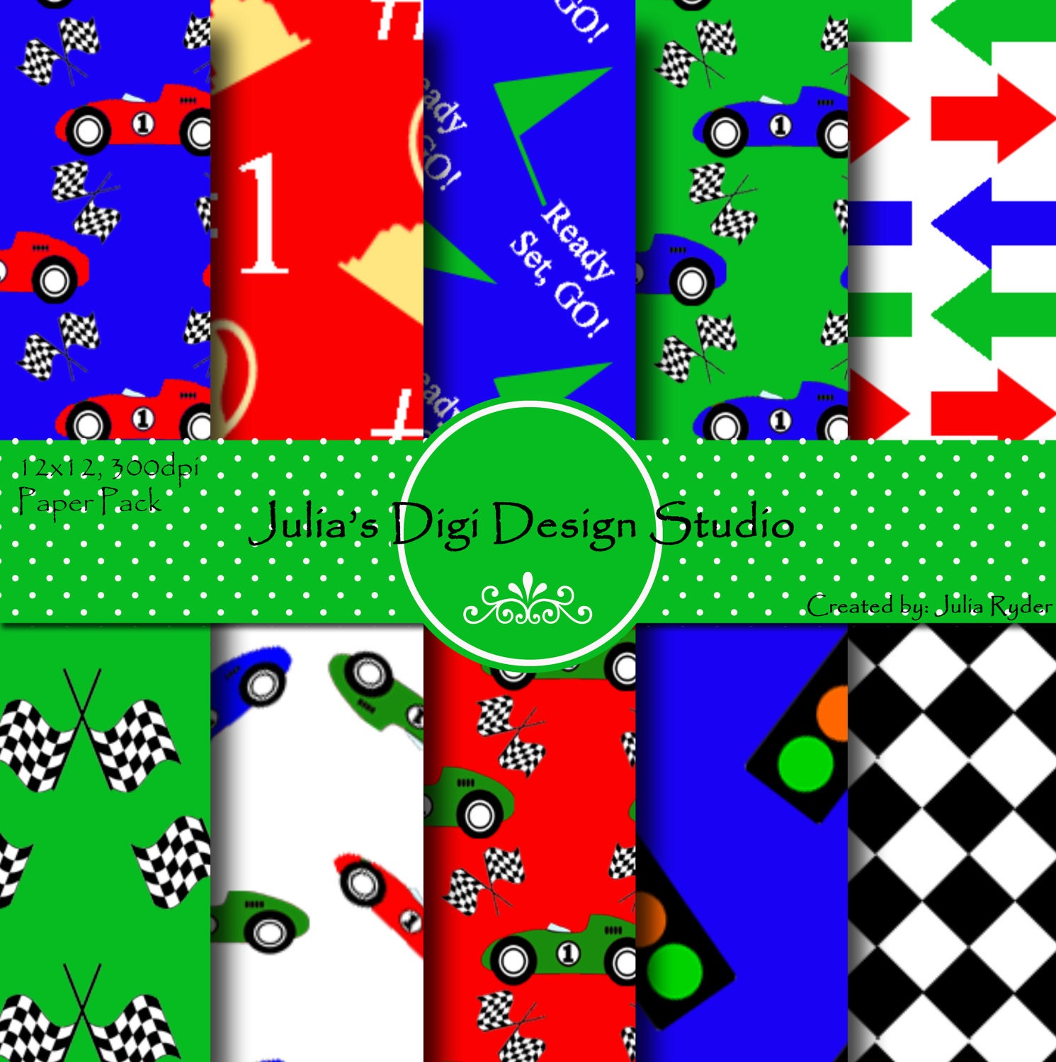 Racing Cars Digital Paper Pack - 10 Digital Papers - 12x12 300DPI