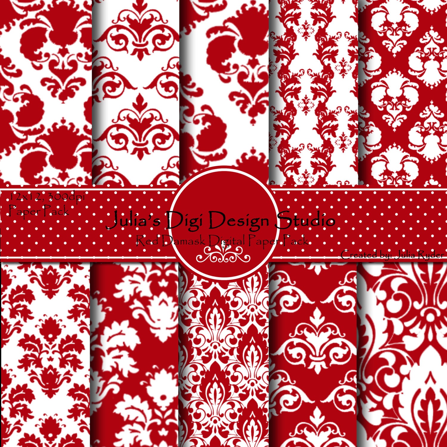 Red Damask 1 Digital Paper Pack -10 Digital Papers - 12x12 300DPI. For invitations, cards and scrapbooking.