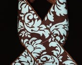 Camera Strap Slipcover Slip Cover Michael Miller Brown and Aqua Damask with Brown Minky  Free Lens Cap Pocket