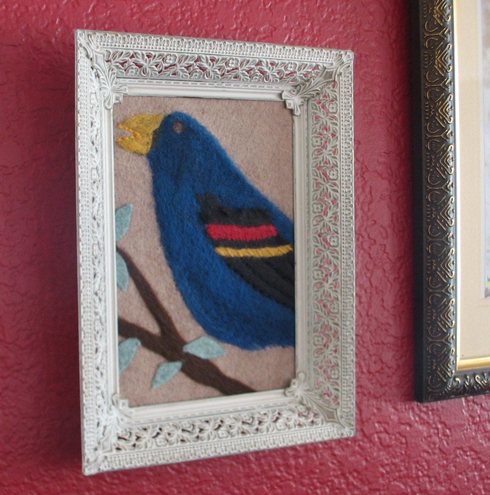 Blueberry Bird Needlefelt in Vintage Frame