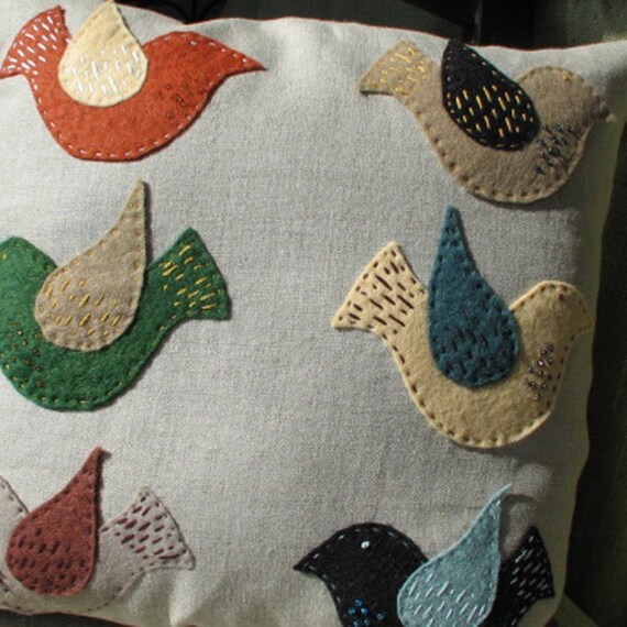 Handmade Pillow - Freckled Bird Folk Art, cushion, accent pillow, home decor, bird pillow