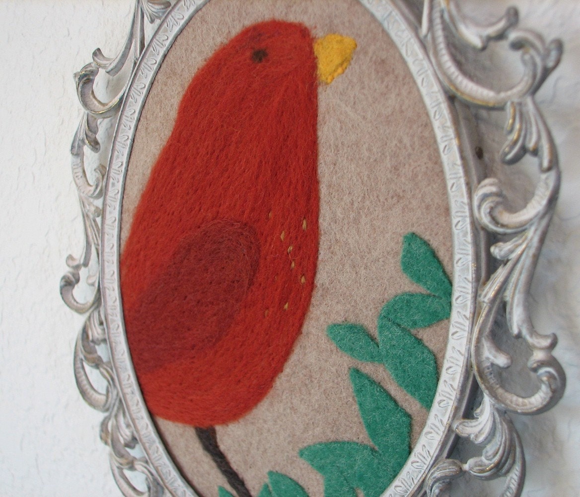 Bird Art -- Copper Bird Fiber Folk Art in Vintage Frame