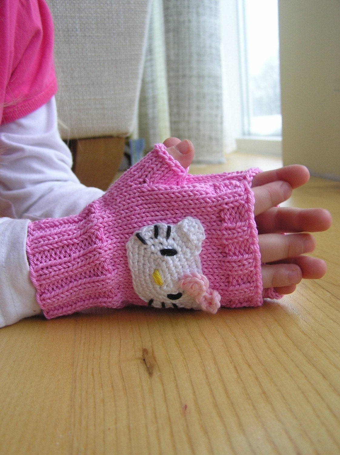 SALE 3 sizes..Hand Knit Cute Pink Hello Kitty Wrist Warmers
