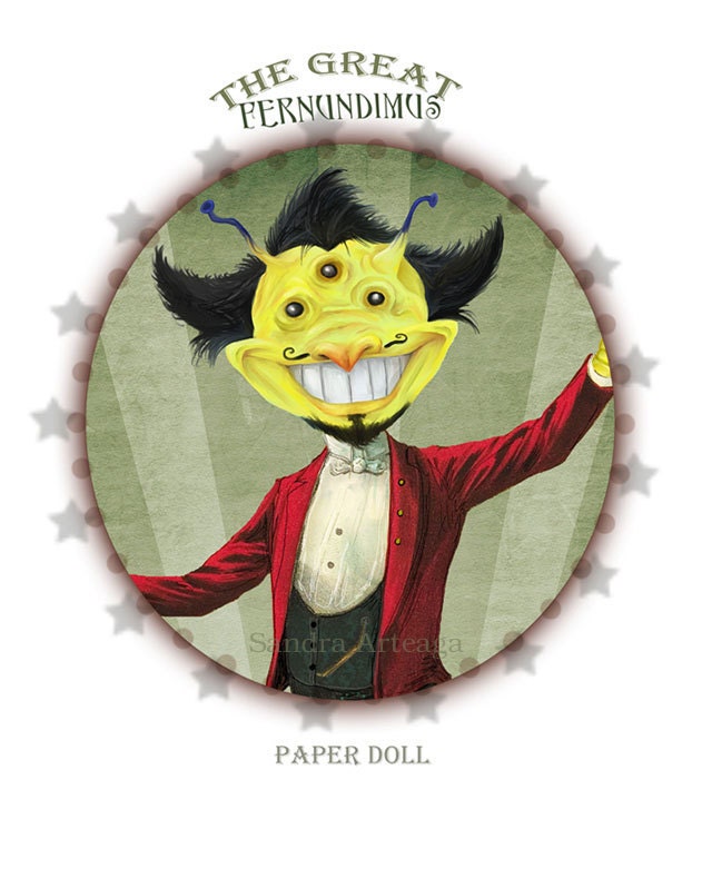 Fernundimus - articulated PAPER DOLL - 14.6 inches - martian alien circus carnival freak creature master ring drawing