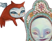 Mina & Milala - articulated TWO PAPER DOLLS  set  - cat red fairy tale art doll once upon a time ooak blue kaleidoscope