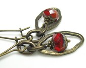 Antiqued Brass Steampunk Earrings, Red Orange, Czech Glass, Extra Long Earrings, Dangle Earrings, Industrial Chic, For Her, Poppy Red