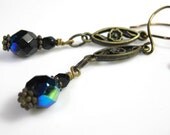 Extra Long, Sapphire Blue Victorian Style Dangle Earrings, Extra Long Earrings, AB Czech Glass, Gifts For Her, Antiqued Bronze, Under 20