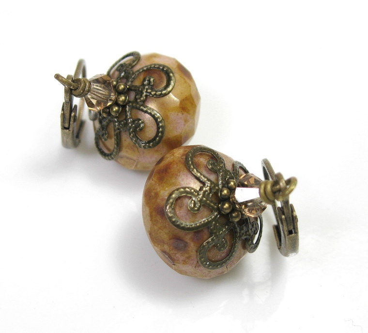 Vintage Style Dangle Earrings, Neutral, Czech Glass, Swarovski Crystal, Faceted Rondelles, Tan, Light Brown Sugar, Antiqued Brass