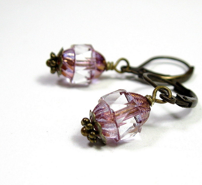 Crystal Copper Vintage Style Earrings, Turbine Bead, Antique Style Jewelry, Dangle Earrings, Copper Pink, Gifts for Her, Womens Accessories