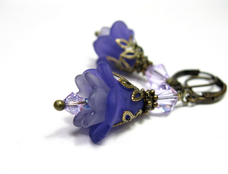 Purple Flower Dangle Earrings, Vintage Style Lucite Earrings, Swarovski Jewelry, Violet Lavender Bell Flowers, Antiqued Brass, For Her