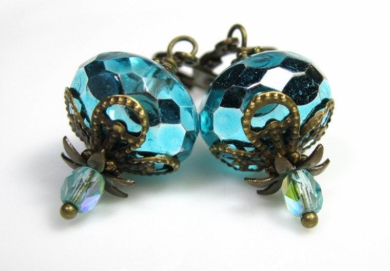 Vintage Style Aqua Czech Glass Dangle Earrings, Sparkling Earrings, Metallic, Teal, Antiqued Brass Jewelry, Women's Accessories
