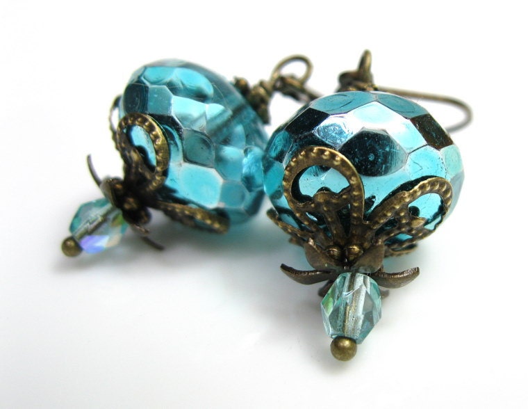 Vintage Style Aqua Czech Glass Dangle Earrings, Sparkling Earrings, Metallic, Teal, Antiqued Brass Jewelry, Women's Accessories