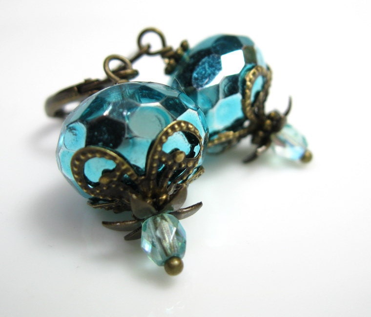 Vintage Style Aqua Czech Glass Dangle Earrings, Sparkling Earrings, Metallic, Teal, Antiqued Brass Jewelry, Women's Accessories