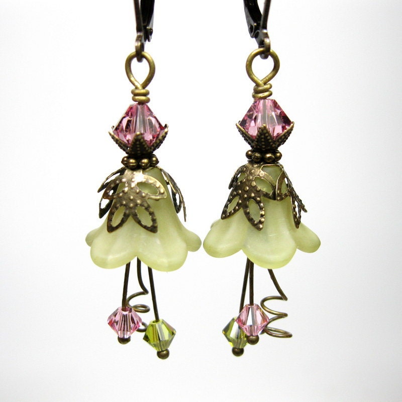 Pink and Green Dangle Earrings, Lucite Flowers, Swarovski Crystal Jewelry, Antique Brass Earrings, Vintage Style Jewelry
