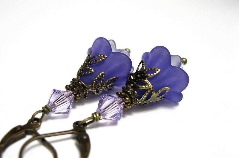 Purple Flower Dangle Earrings, Vintage Style Lucite Earrings, Swarovski Jewelry, Violet Lavender Bell Flowers, Antiqued Brass, For Her