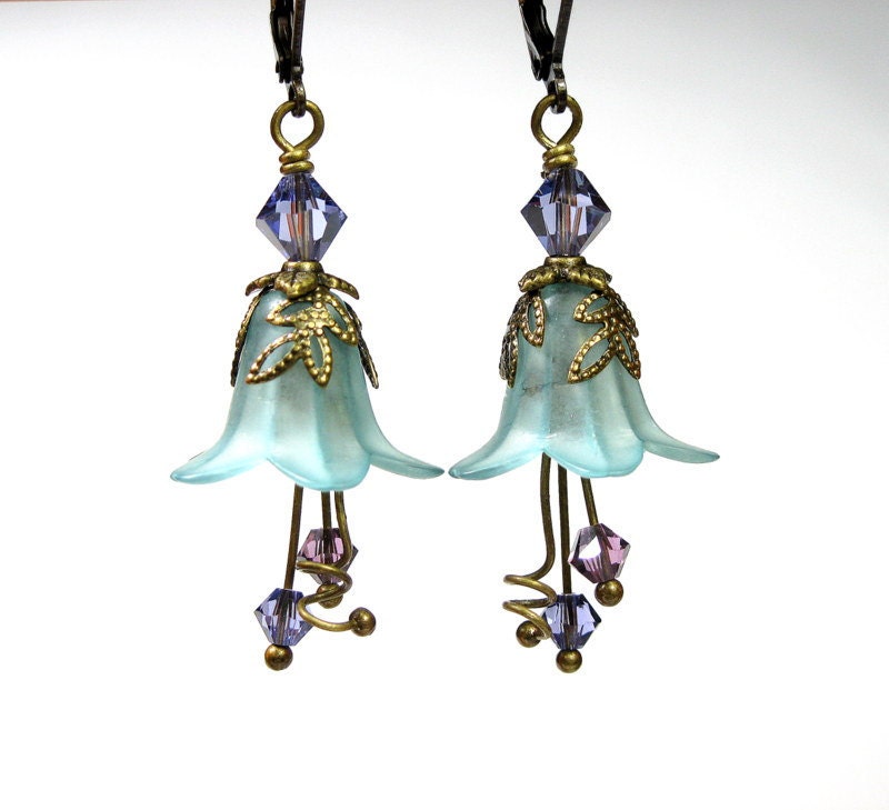 Vintage Style Purple Teal Lucite Flower Dangle Earrings, Gifts for Gardeners, For Her, Womens Accessories, Swarovski Jewelry, Grayed Jade