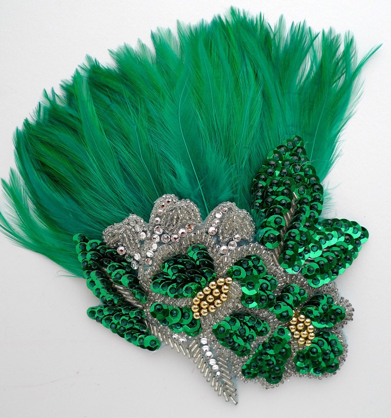 Green Feather Fascinator Emerald Gold Silver Swarovski Crystal Beads Sequins