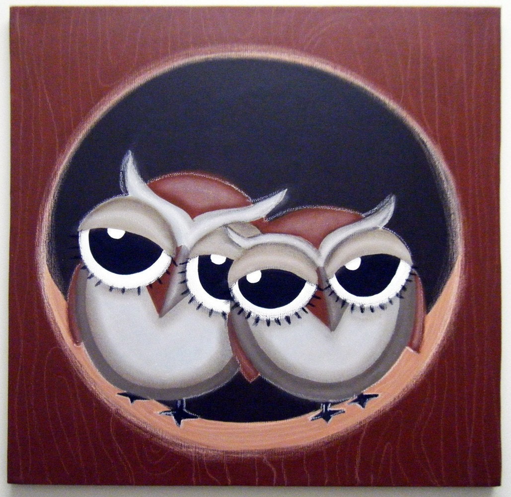 2 oWLs cUDDLiNG - 20 x 20 original painting on canvas, owl painting, owl wall art, owl love, valentines day, anniversary gift