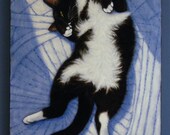 Tuxedo cat on quilt original oil painting. Charlie Sunnyside Up