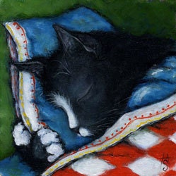 SALE   Tuxedo cat napping. Charlie in Sleep Tight  ACEO print