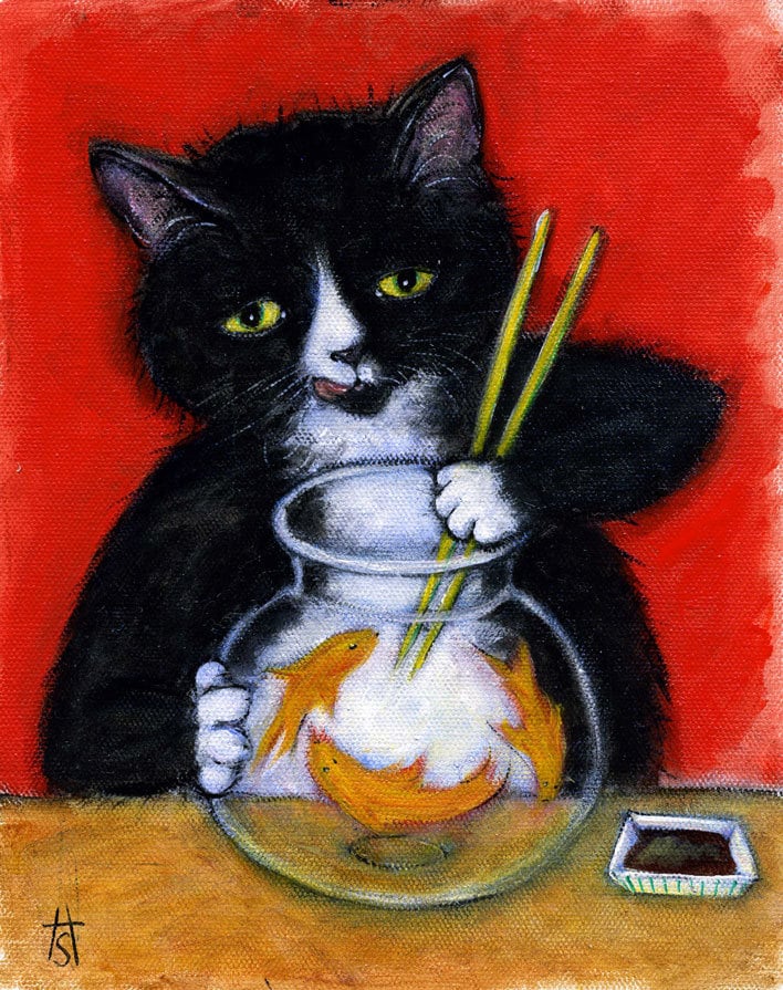 Tuxedo Cat art print. Charlie's Sashimi Time
