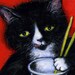 Tuxedo Cat art print. Charlie's Sashimi Time