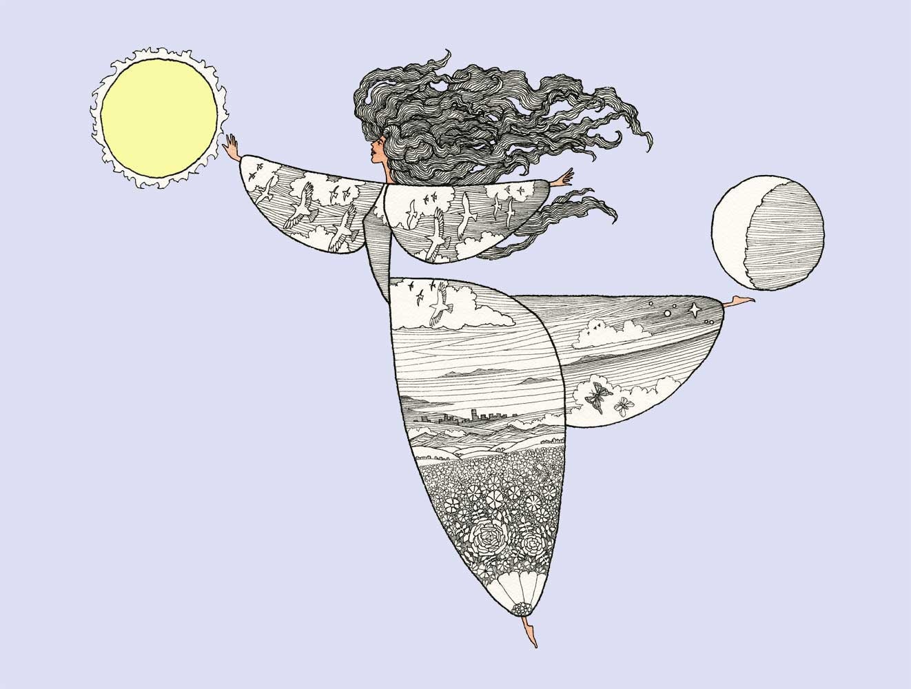 Earth Dance. Art print of original work in pen, ink, watercolor. Colored to your taste.