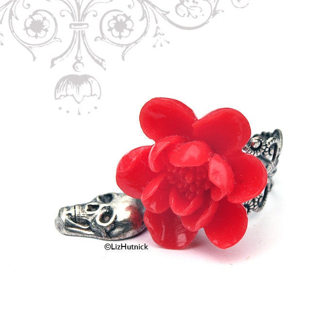 On SALE Today. Skull and Rose Ring. Adjustable Ring