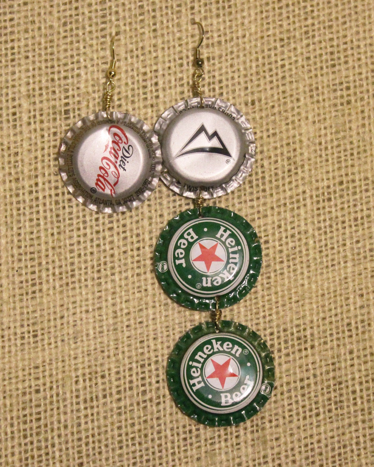 Diet Coke & Heineken Asymetrical Beer Cap Earrings