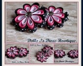 Ribbon Spiral Bloom Flower Hair Bows - Pigtail Set of Two - Navy Polka Dot, Hot Pink and White