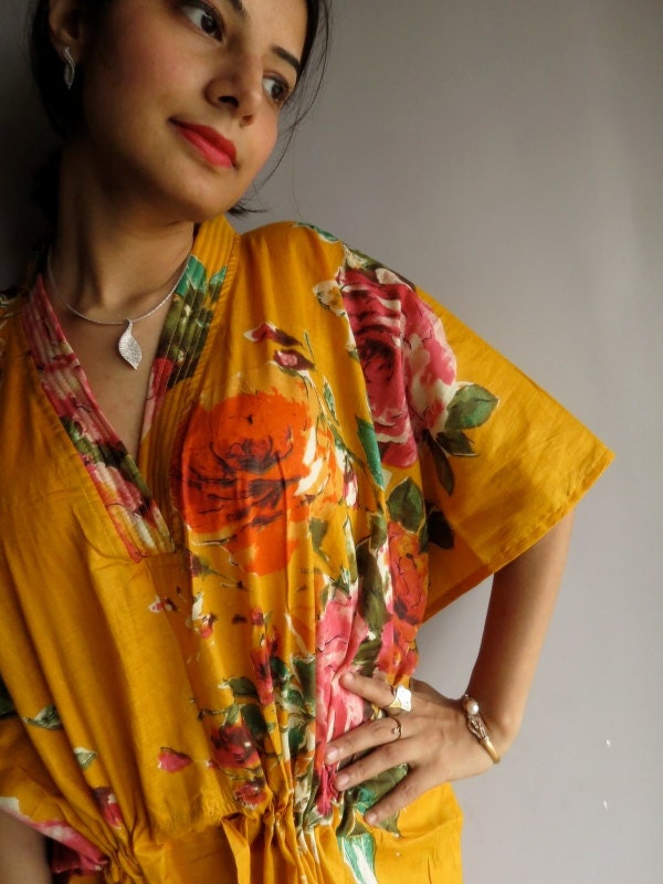 Yellow floral Kaftan Robe - Perfect as a long dress, loungewear, beachwear, spas, for to be moms and more