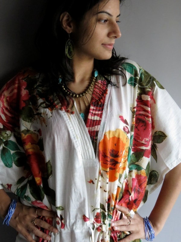 White Floral Kaftan Dress - Perfect for outings, lounges, Vintage look Kaftan, beaches, spa robes, to be mums, gift for her