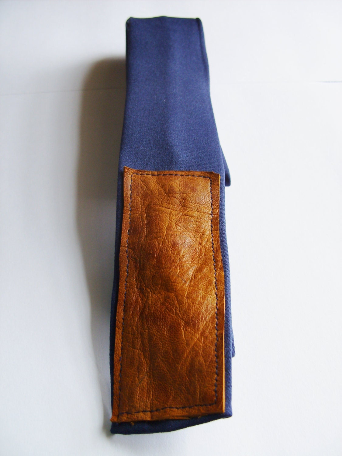 Colorblocked Cotton Skinny Tie Navy Blue with Leather Patch from the Paul McCall Line for Men