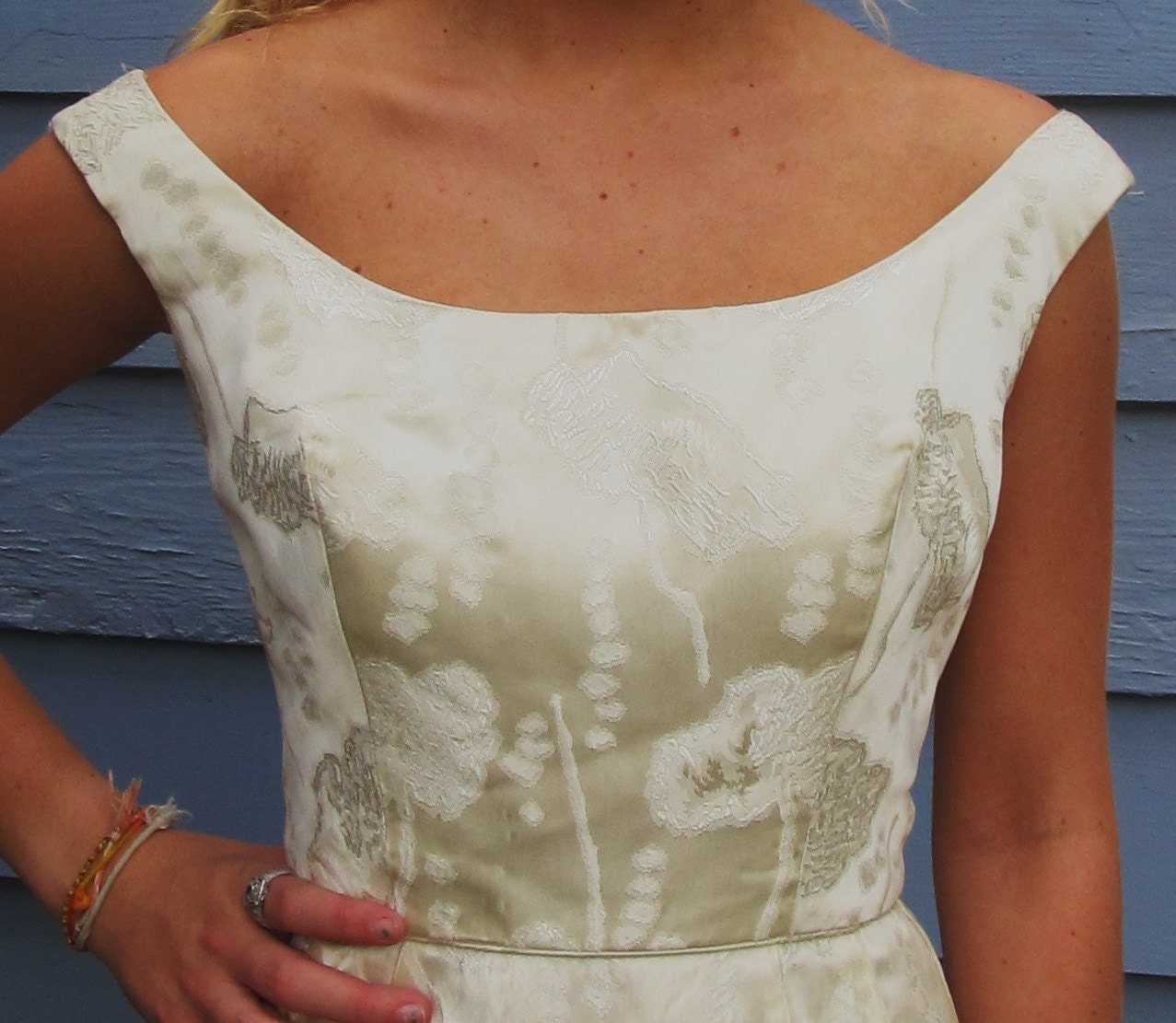 Vintage 1950s Brocade Wiggle Formal Dress XS 0 Wedding Cocktail Off Shoulder
