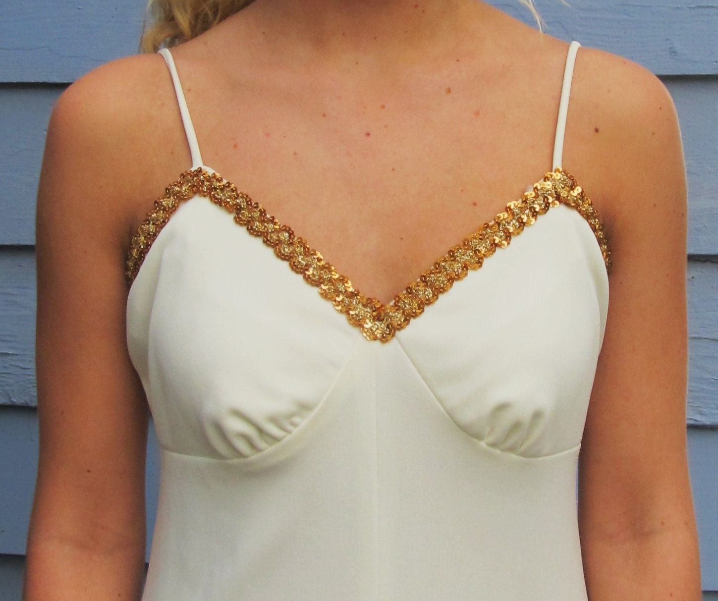Vintage 1970s Gold Metallic Trim Disco Dress XS  0 2  Party Cocktail Wedding Formal Gown
