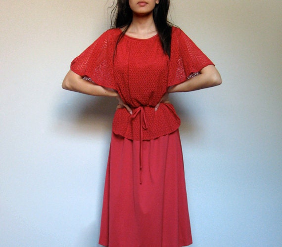 Red Dress Womens Crochet Cerise 70s Dress Peplum Vintage  - Extra Small. Small. XS/ S