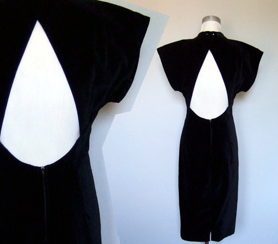 Vintage 80s Dress Cutout Velvet Black Open Back S/ M